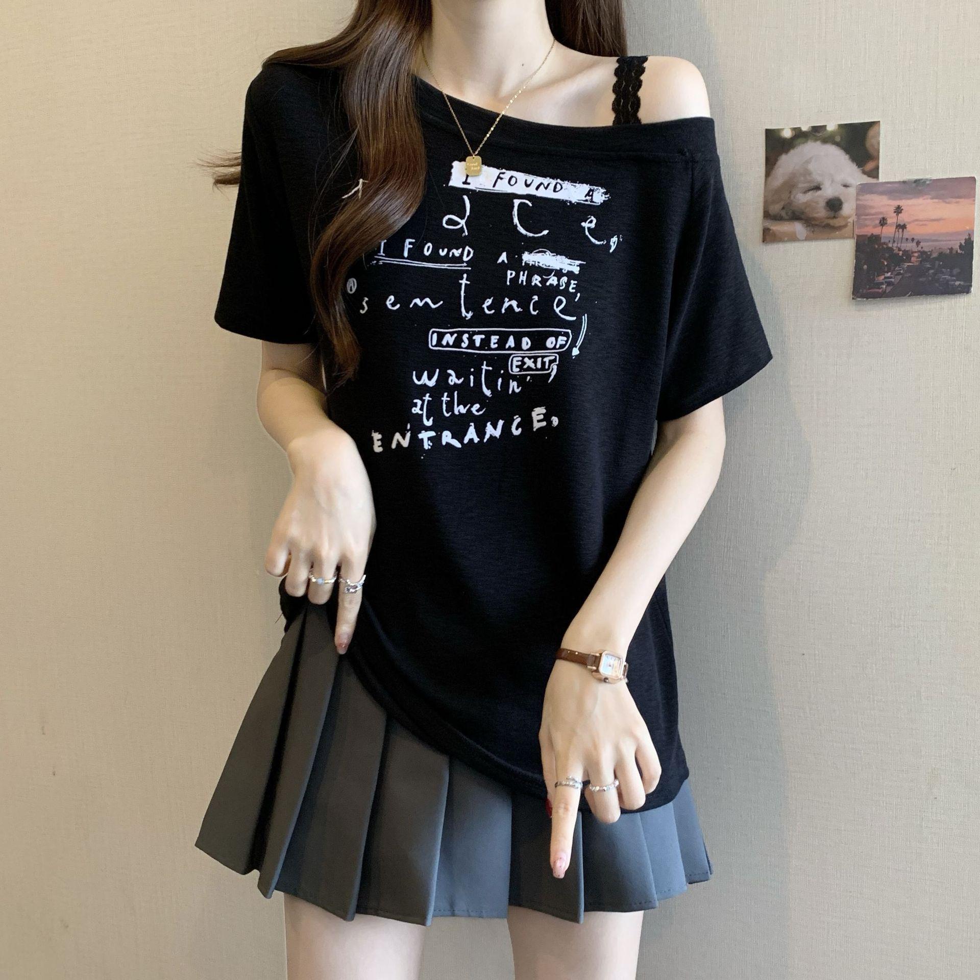 

Женская кружевная футболка большого размера на одно плечо: Летняя модная блузка свободного кроя с коротким рукавом, выгодно подчеркивающая фигуру 4XL (181-200 lbs suggested) чёрный