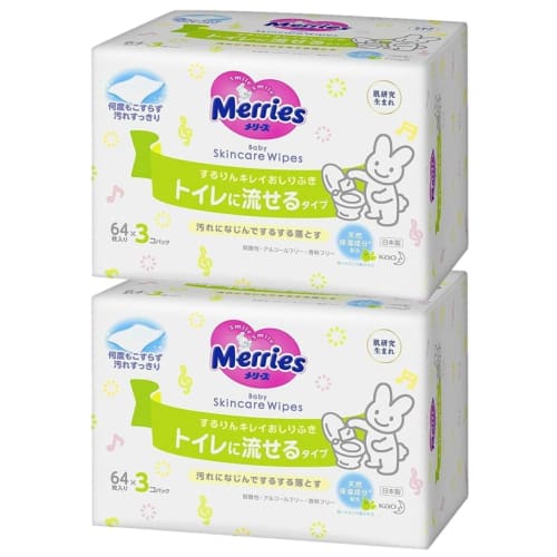 Merries Sururin Kirei Baby Wipes, Flushable (64 Sheets X 3 Packs) [x2]