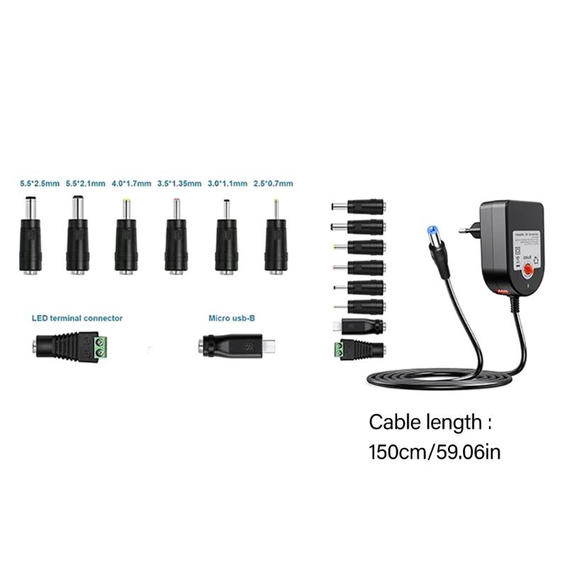 36W Charging Adapter 3-12Volt Adjustable AC100-240V to DC5521 Charger with Interchangeable Tip