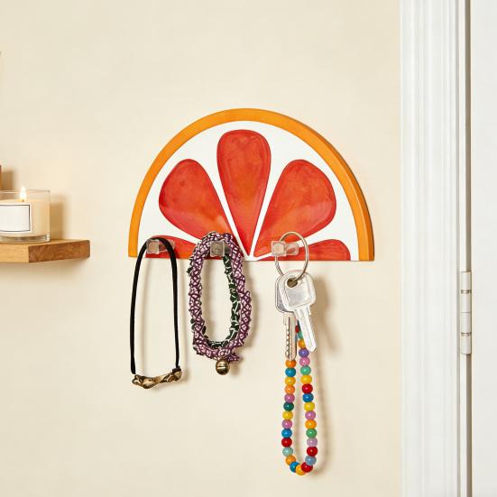 Wall-Mounted Key Hanger Semi-Circular Orange Slice Design Coat Hanger Entrance Key Hanger with 4 Hooks for Bedroom Bathroom