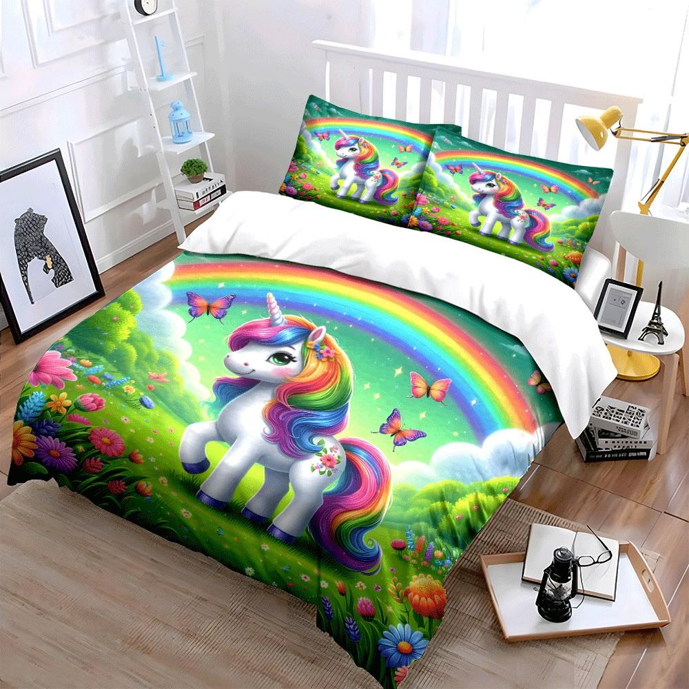 Cute Cartoon Unicorn Rainbow Print Bedding Set For Adults And Children, Available In Multiple Sizes, Three-Piece Gift Set