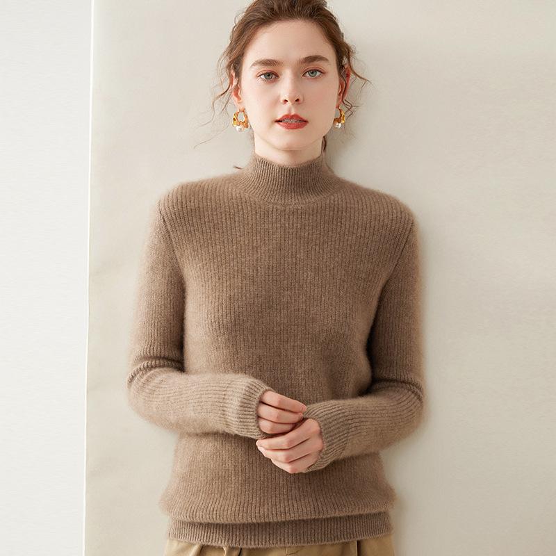 Women's Cashmere Knitwear: Coin Stitch Half-High Collar, Solid Color, Thick Loose Base Layer Sweater for Autumn and Winter.