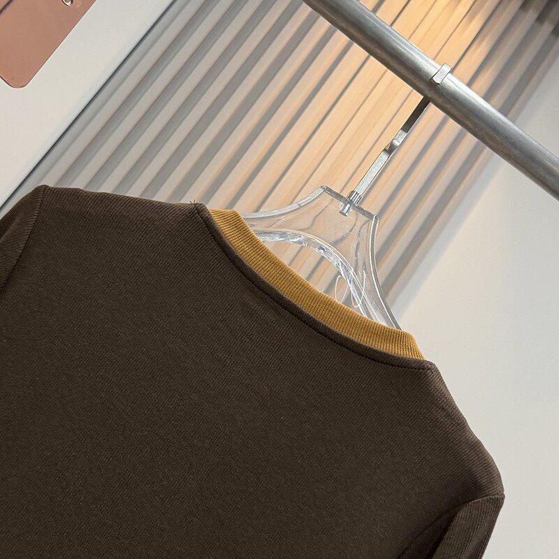 Autumn Slim-fit Color-block Fake Two-Piece Henley Long-Sleeve T-shirt for Women