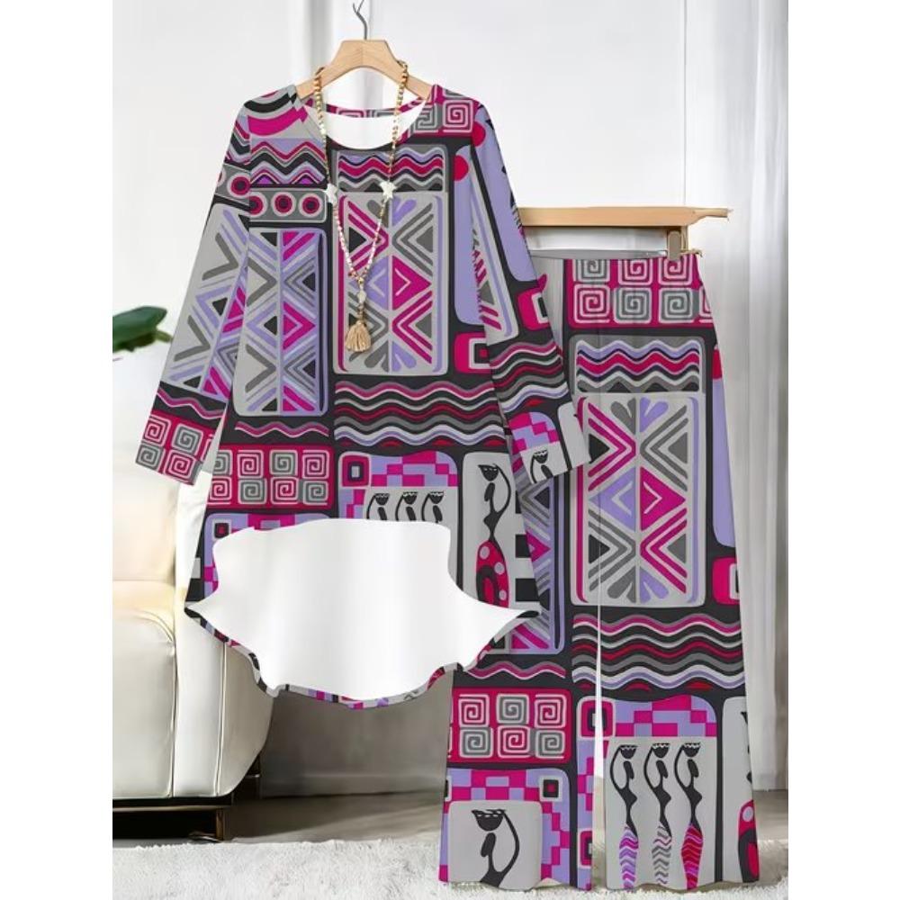 Butterfly Print Two Piece Outfit Women Long Sleeve Irregular Hem Tunic Top Wide Leg Pants Casual Matching Set