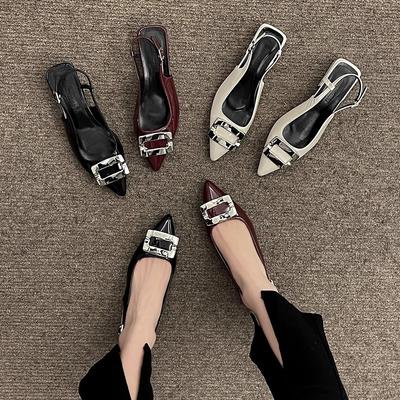 Metal Square Buckle Bag Head Sandals Women's Summer Versatile Thick Heel Pointed Head One Word with Patent Leather Shoes