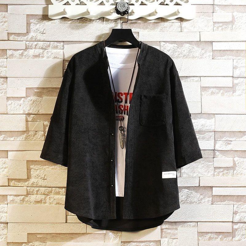 Retro Corduroy Short Sleeves Shirts for Men Loose Fit Collarless Summer Plus Size Blouse M чёрный