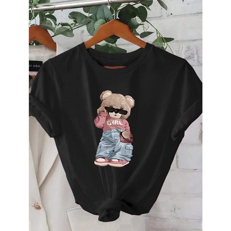 European Size Women'S Cute Bear Graphic T-Shirt - Pink Casual Summer Tee with "" Print, Short Sleeve Round Neck, Perfect for Casual Attire or Vacation