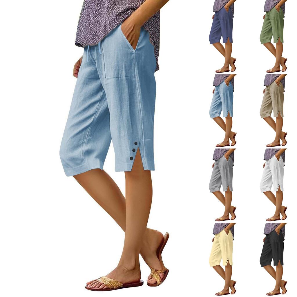 Pants For Women Casual Summer Solid Color Elastic High Waist Cotton And Linen Loose  Pants Drawstring Pocket Mid Leg Pants