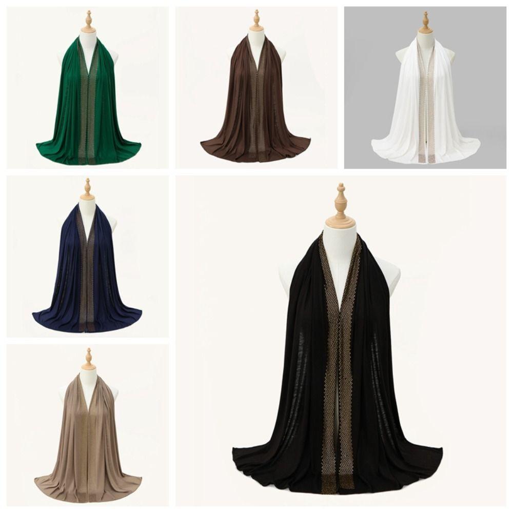 Long Smooth Silk Headscarf Sunscreen Thin Large Shawl Veil Rhinestone Chiffon Hijab Scarf  For Gift