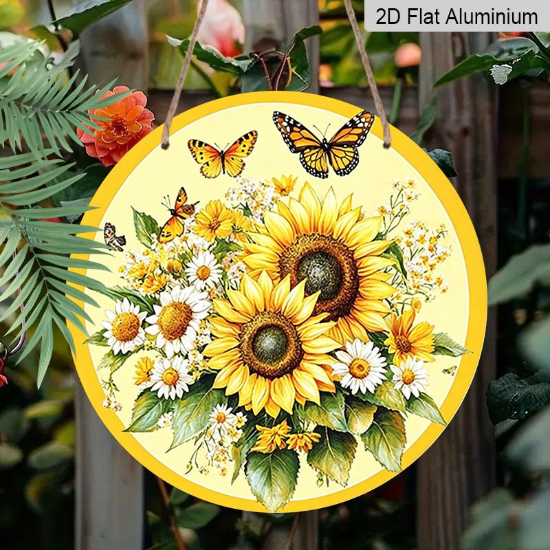 2D Flat, 1pc Round Aluminum Hanging Sign, Bright Sunflower & Monarch Butterfly Metal Wall Art, Floral Daisy Bouquet Design, Perfect for Garden