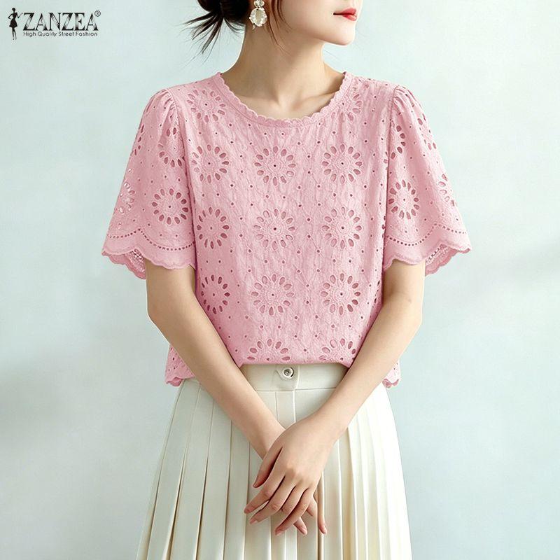 ZANZEA Blusa Casual Corta Larga da Donna con Ricami, Pizzo, Patchwork all'Uncinetto