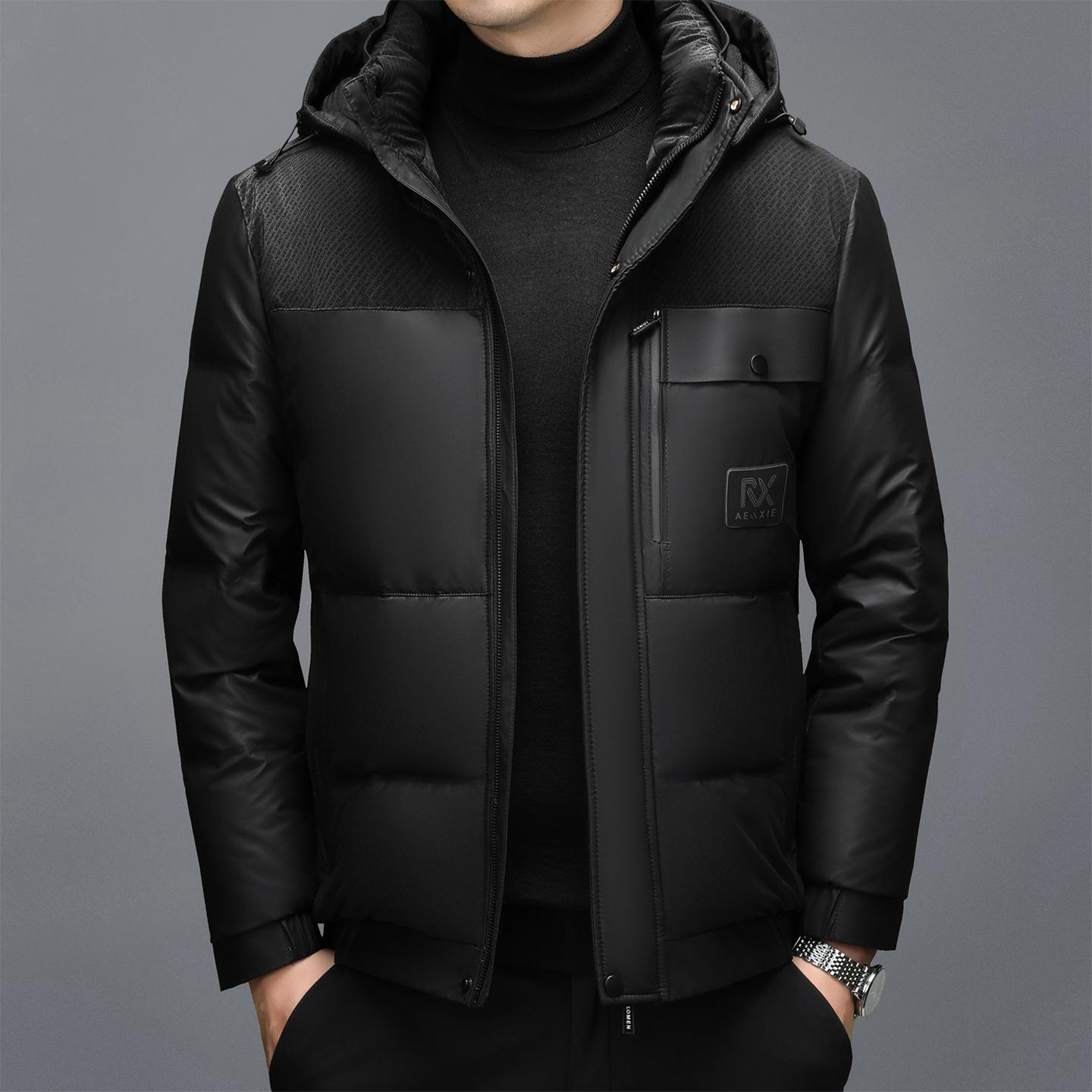 Winter Haining leather jacket men s sheepskin jacket middle-aged and elderly men s lapel thickened hooded down jacket m/170( 45-60kg )