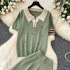 Lässiges Strick-Set mit süßem Welpenmotiv für Damen, Sommer, Umlegekragen Pullover-Top und Weitbeinige Hosen, Zweiteiliges Set für Damen