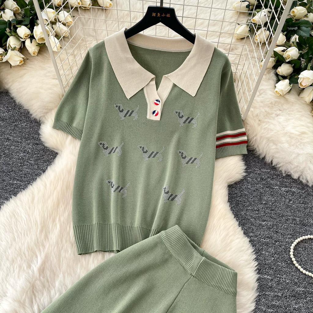 Lässiges Strick-Set mit süßem Welpenmotiv für Damen, Sommer, Umlegekragen Pullover-Top und Weitbeinige Hosen, Zweiteiliges Set für Damen