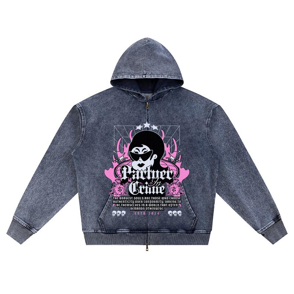 

DTG print Knitted Denim Zip-Up Hoodie Partner In Crime Brother Print Zipper Hoodies XL темно-синий