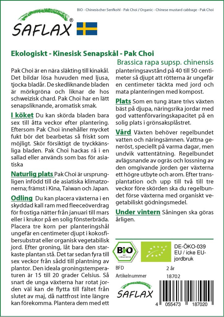 SAFLAX Garden In the Bag - Organic - Chinese Mustard Cabbage - Pak Choi - 300 Seeds - With Substrate In a Fitting Stand Up Bag - Brassica Rapa