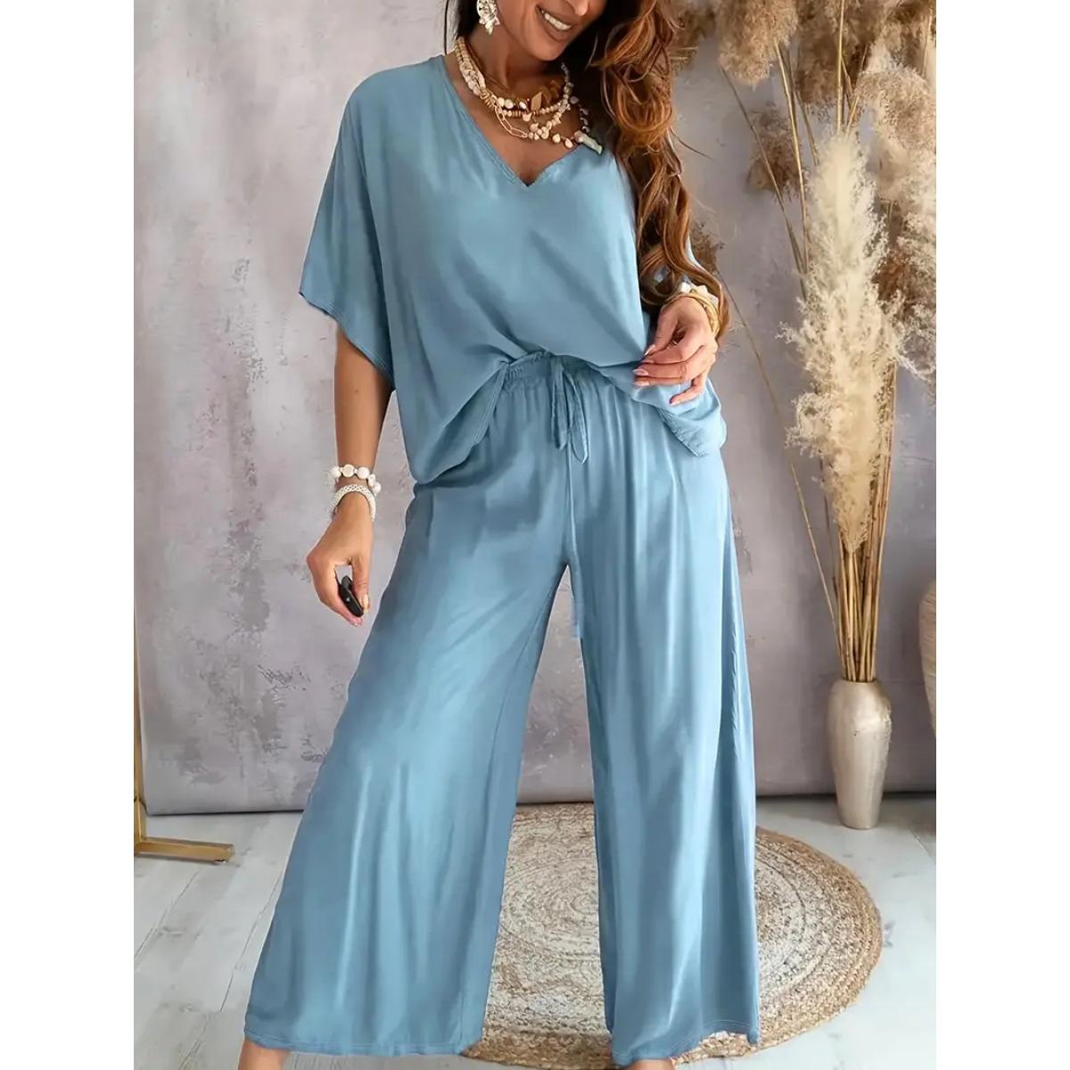 

Повседневный однотонный брючный костюм, женский костюм-двойка с топом с V-образным вырезом и рукавами до локтя и брюками широкого покроя 2XL небесно-голубой