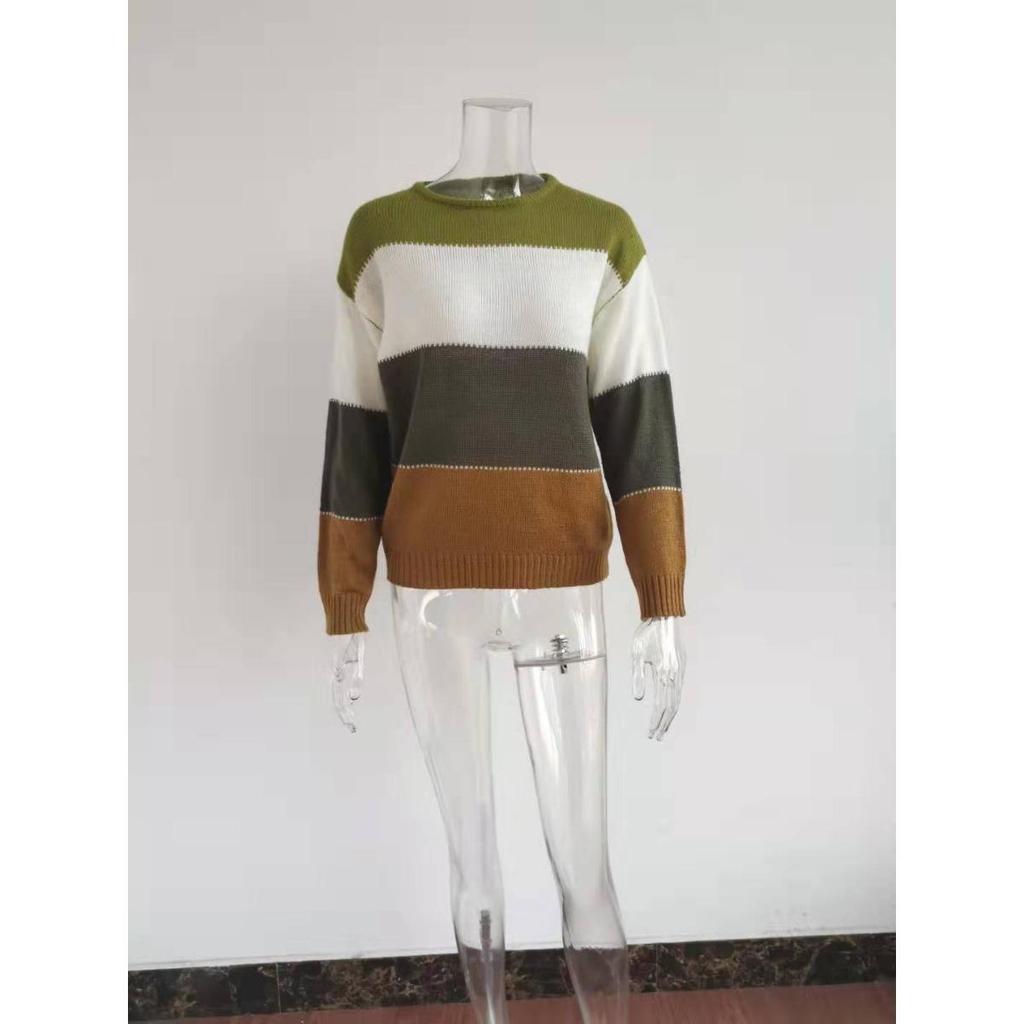 New Women's Casual Striped Long Sleeve Round Neck Autumn Winter Pullover Knitted Sweater Top