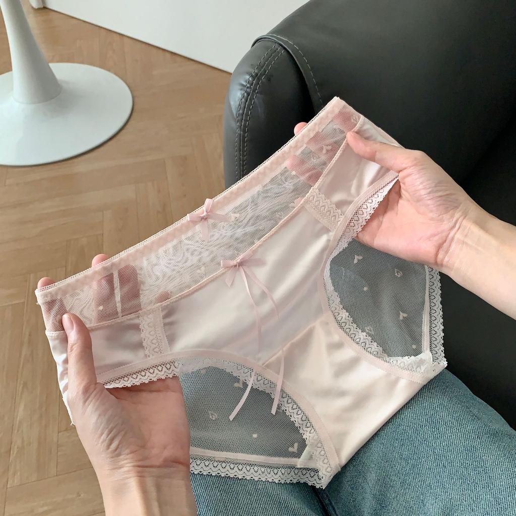 Ladies Spring Summer Sexy Lace Love Mesh 10A Antibacterial Mid Waist Panties