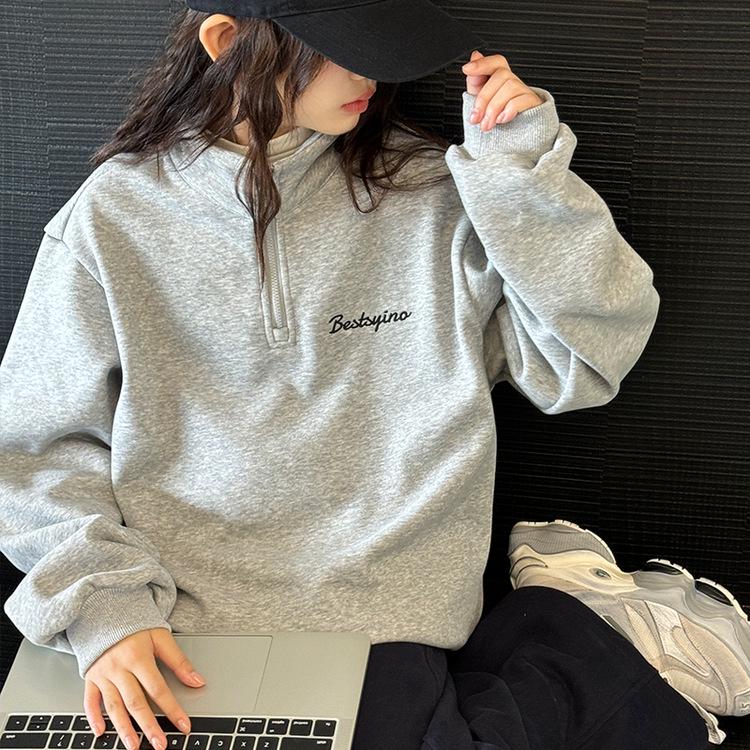 

Девичья толстовка на молнии до середины, с флисовой подкладкой: Уютная, свободного кроя детская одежда Осень/Зима 2024 140 cm серый