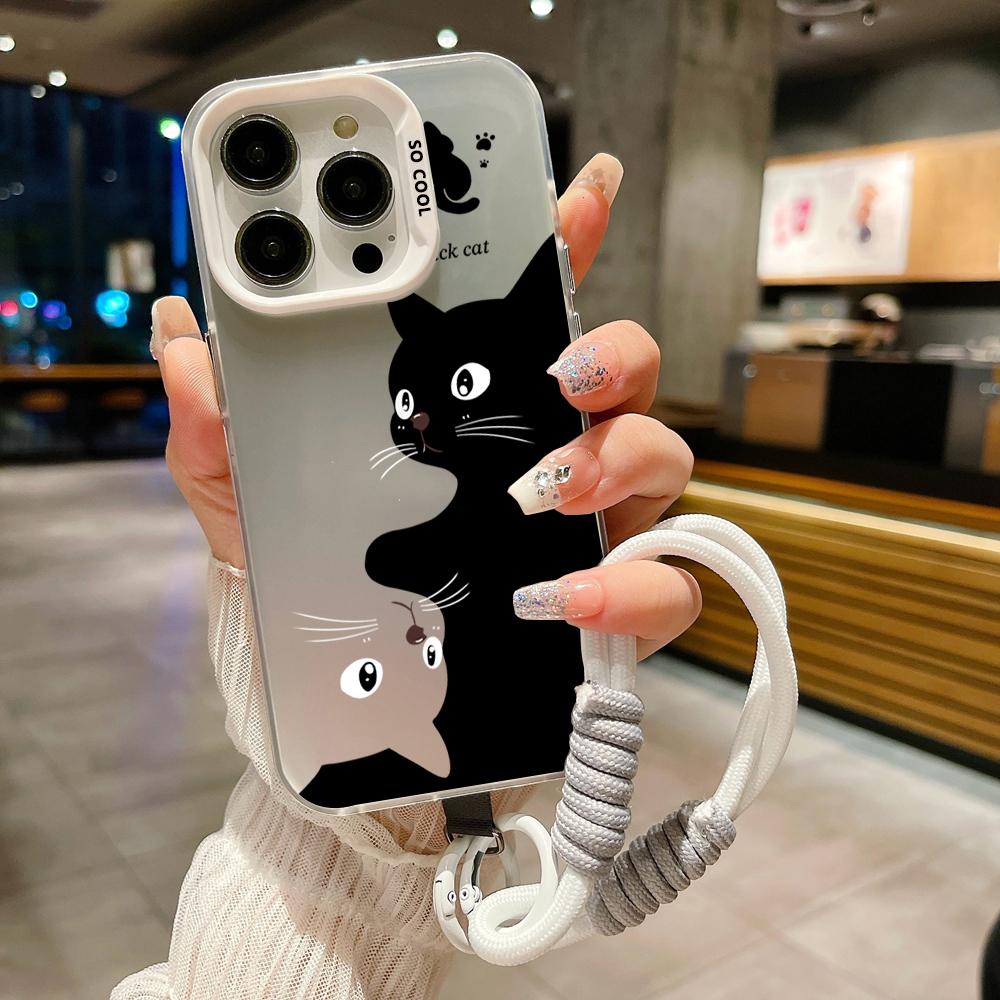 Cute Cartoon Black Cat Electroplate Lanyard Strap Phone Case For iPhone 15 14 13 12 11 16 Pro Max X XS 7 8 Plus Hand Strap Cover