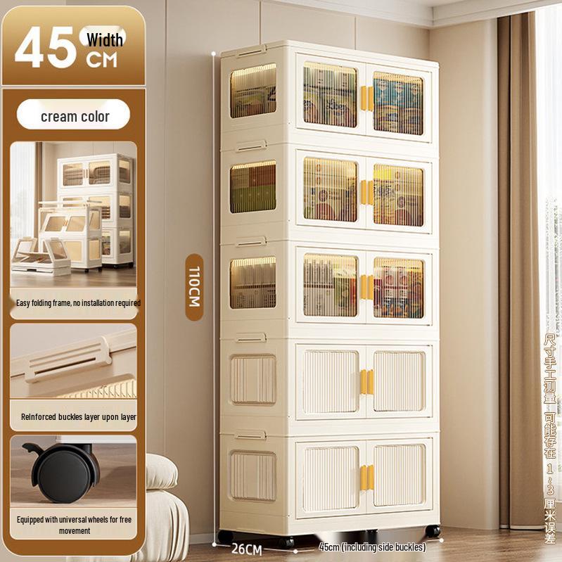 Movable Multi-Layer Folding Storage Cabinet: No-Installation Plastic Organizer for Bedroom and Living Room