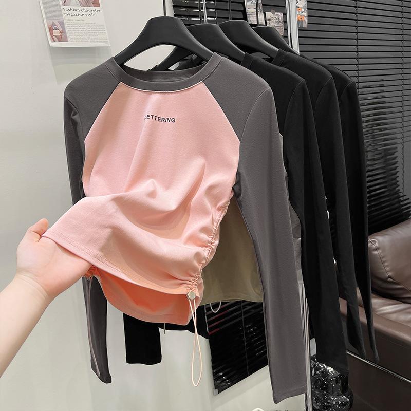 Spice Girl Fat Mm Side Pleated Skinny Contrast Color Crew Neck Shoulder Long Sleeve T-Shirt Women's Autumn Bottom Shirt
