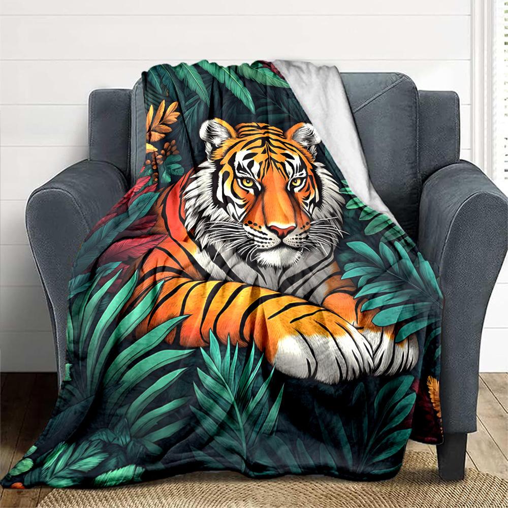 1pc Tiger Jungle Print Blanket, Lightweight Flannel Fleece with Digital Printing, Soft Warm for Sofa, Travel, Camping, Office, Couch, Chair, and Bed,
