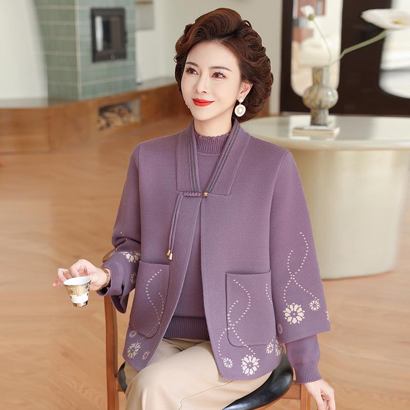 Jesienny dwuczęściowy zestaw dzianinowy 2025: Stylowy top kardiganowy dla kobiet w średnim wieku i starszych