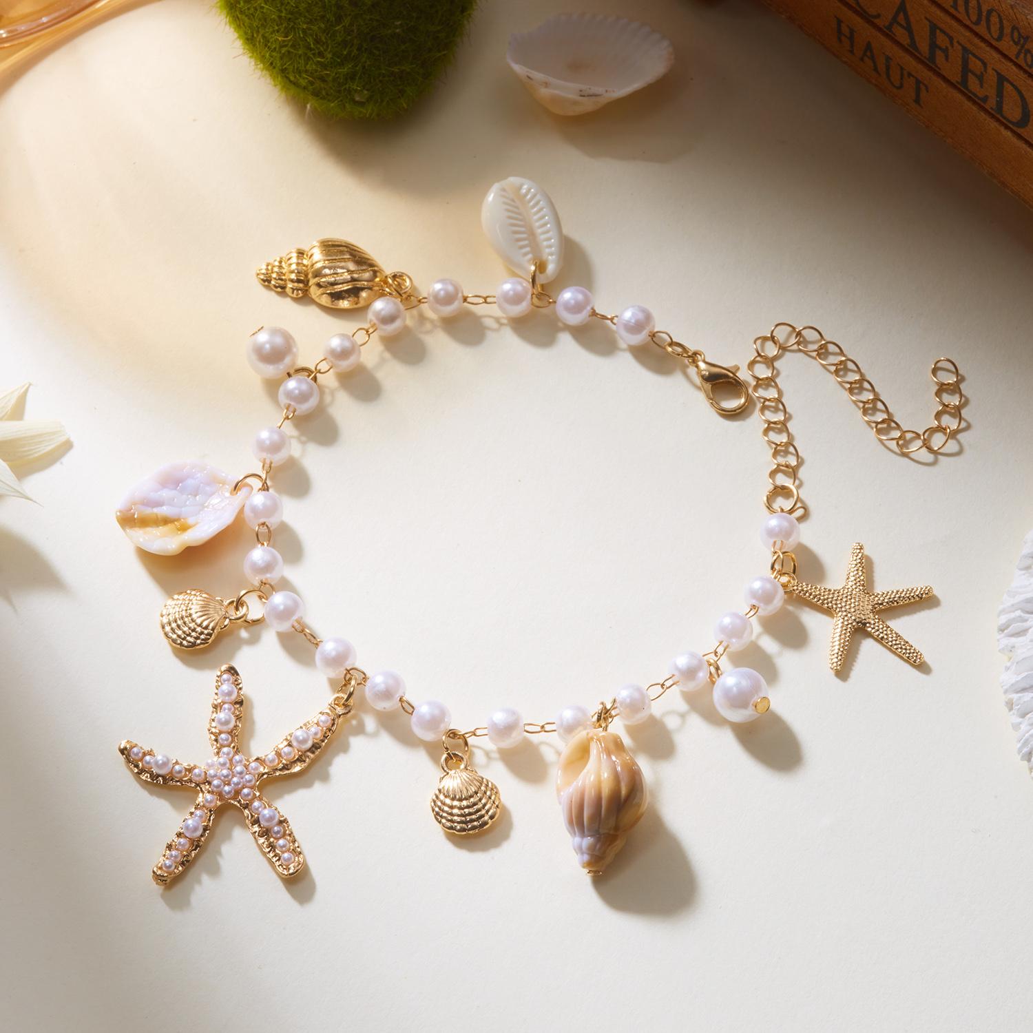 Starfish Shell Conch Imitation Pearl Anklet Bohemian Beach Vacation Style Fashion Accessory Holiday Gift