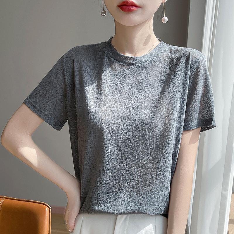 

Новая летняя трикотажная футболка из жаккардового тенселя с короткими рукавами и круглым вырезом для женщин XL серый