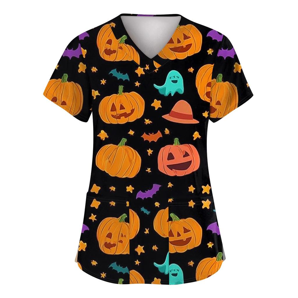 Dámská móda Krátký rukáv Halloweenský potisk Výstřih do V Kapsa Pracovní topy