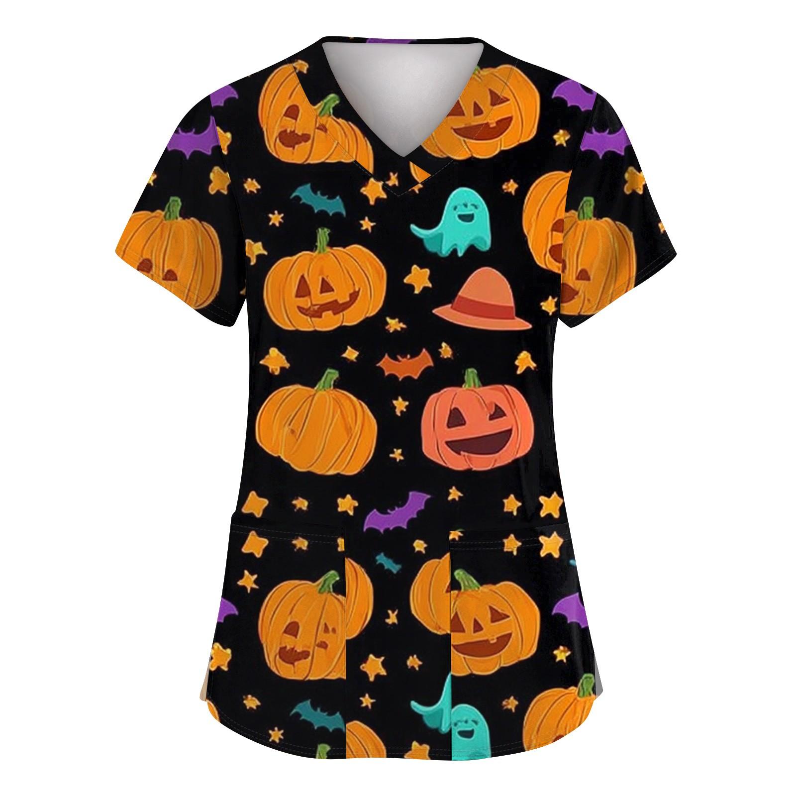 

Женские модные топы с коротким рукавом, принтом на Хэллоуин, V-образным вырезом, карманом, рабочая одежда M