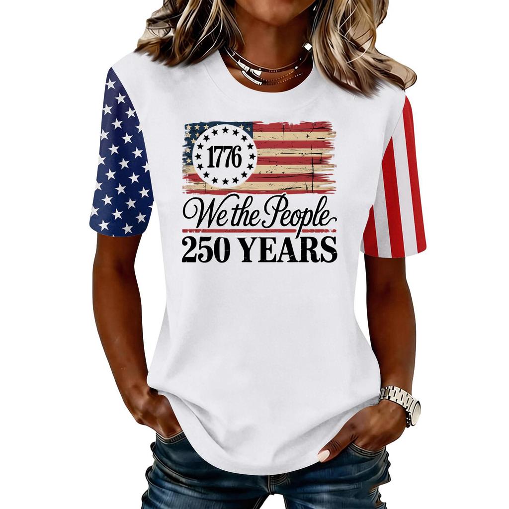 Womens Round Neck Short Sleeve T Shirt 250th Anniversary Graphic Print Casual Top with Flag Inspired Pattern for Everyday Wear