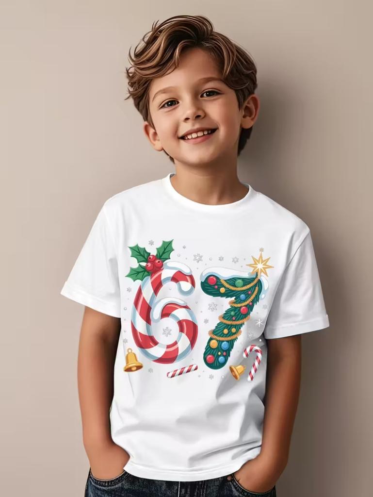 67 Meme Graphic Tshirt Kids Funny Number Print Summer Short Sleeve Loose Streetwear Tops