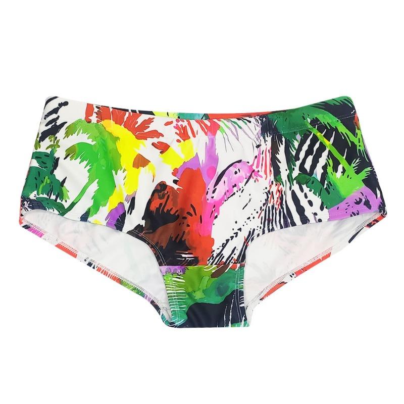 Herren tropische Kokospalme Farbe Tinte gedruckte kleine flache gewinkelte Badehose eng anliegend Mode Nylon Strand Vier-Ecken