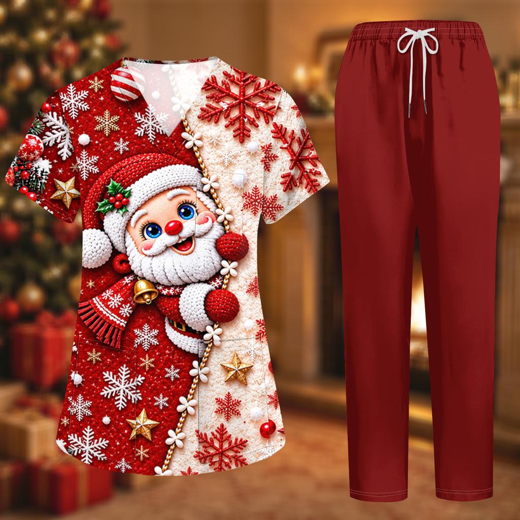 Women's Uniform Set with Short Sleeve Christmas Print Top and Pants, Two-Piece Caregiver