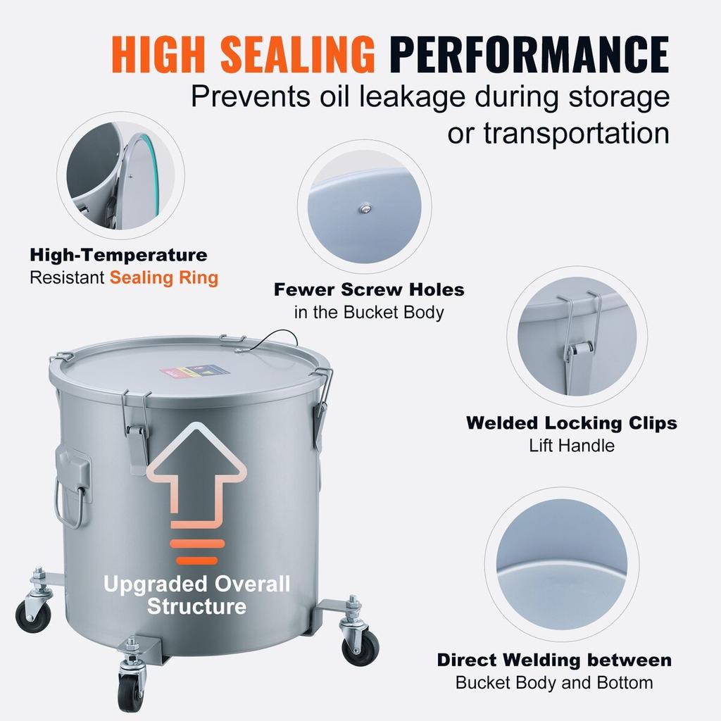 Fryer Grease Bucket, 8 Gal Oil Disposal Caddy with Caster Base, Carbon Steel with Rust-Proof Coating, Oil Transport Container with Lid, Lock Clips,