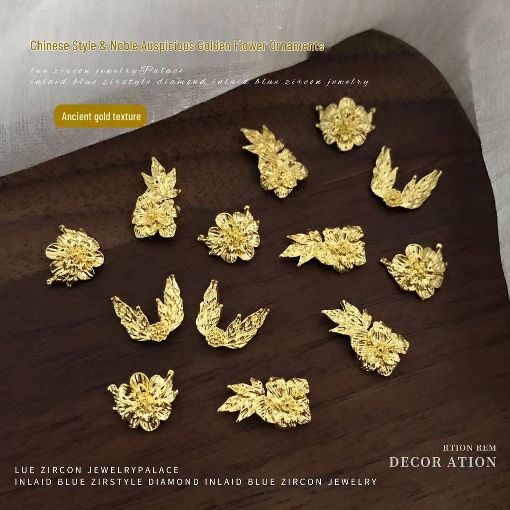 Ruyi Rich Golden Flower Nail Art Decorations: Chinese Style Jade Leaves & Golden Branches with Rhinestones