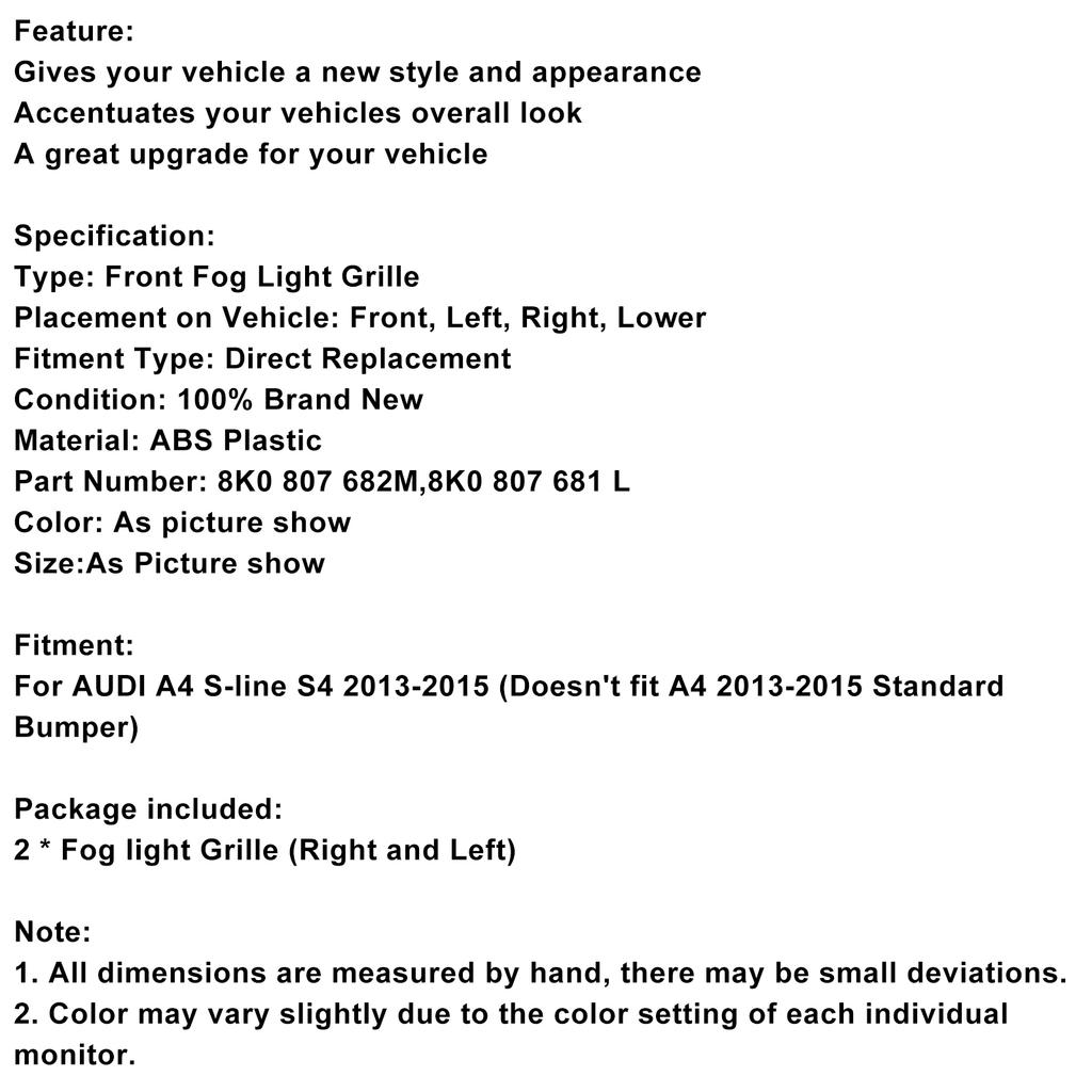 2PCS Bumper Fog Light Lamp Cover Grille Grill Fit A4 S-line S4 2013-2015