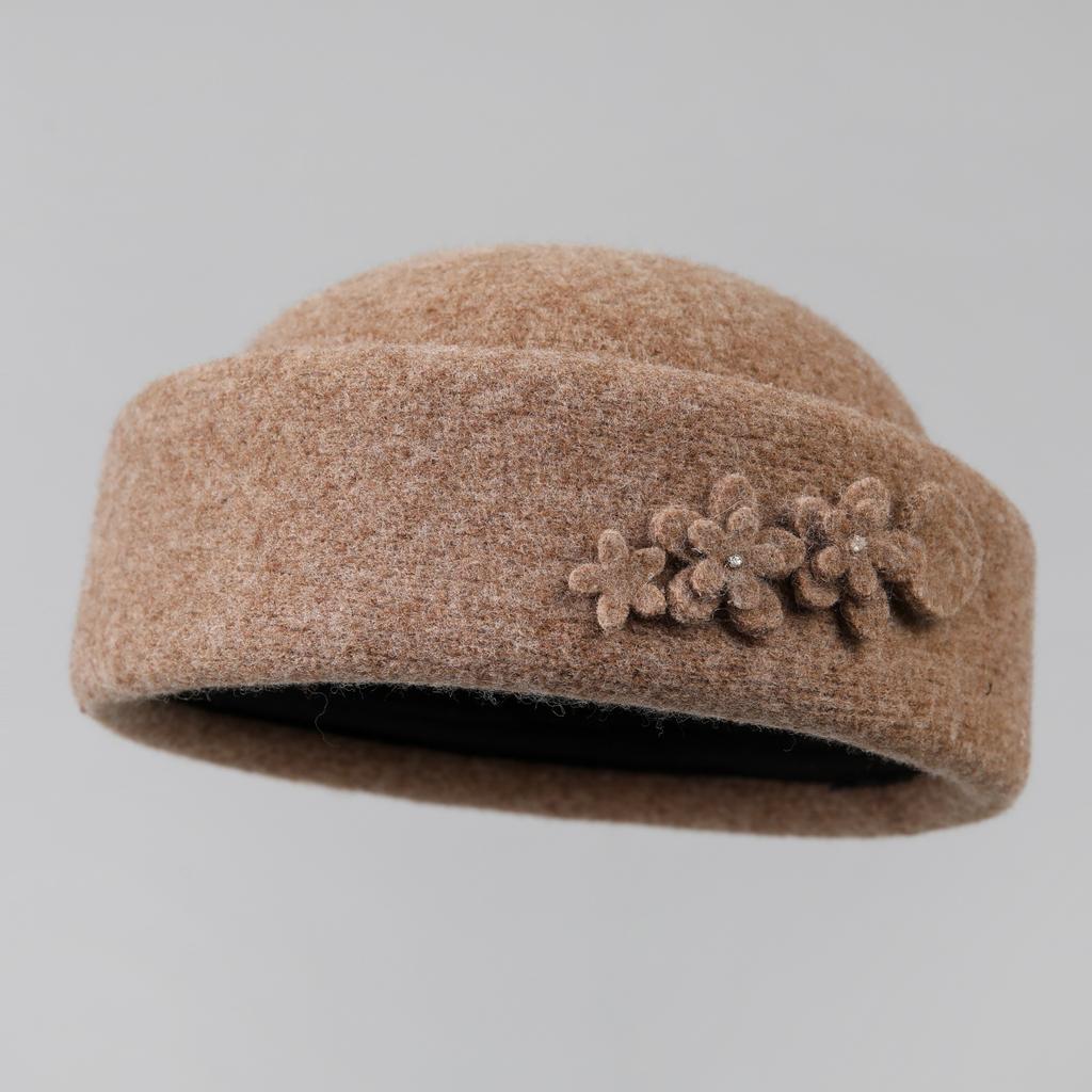 Retro-Hut Damen Herbst und Winter Neu Elegant Blume Wolle Topfhut Mutter Zylinder Gesicht zeigend Kleiner Fischerhut
