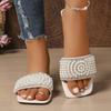 Women's Pearl Rhinestone Slide Sandals  Summer Square Toe Flat Slippers  43 Beach Dress Shoes