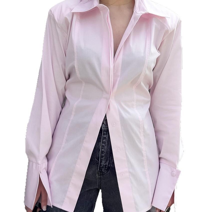 1116 Spring New European and American Fashion Design Sense Waist Split Pink Shirt Commuter Versatile Casual Top Women