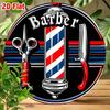 Vintage Friseur Metallwandkunst, Retro Rot Weiß Blau Gestreiftes Schild, Aluminium Runde Wanddekoration für Zuhause Salon