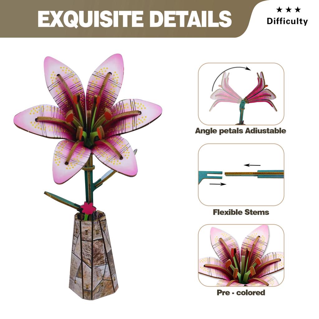 Wacocetoy Cross-Border Lily Puzzle 3D Wooden Toy 2-In-1 Set Diy Coloring Handmade Puzzle