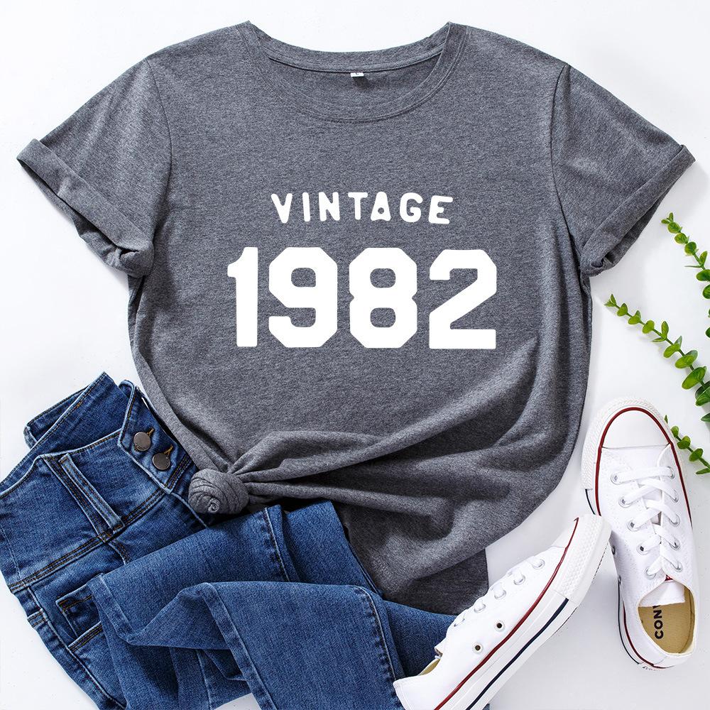 Retro1982 Printed Cotton Loose Round Neck Short Sleeved Women's  T-shirts
