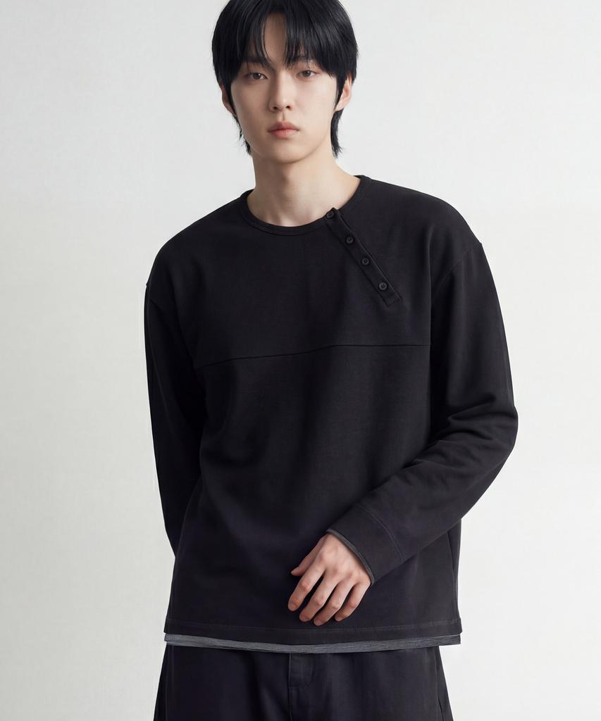 Awodeijeu Layered Stripe Henley Neck Long Sleeve [Black]