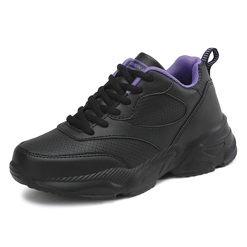 Fashion Comfortable Women Sports Shoes Black Leather Running Womens Sneakers Women Designer Outdoor Walking Shoes Size 41 Thick Sole