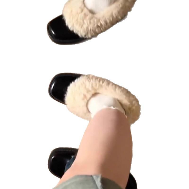 French medium heel square head fluffy shoes one pedal retro plush warm Mary Jane small leather shoes cotton shoes thick heel single shoes