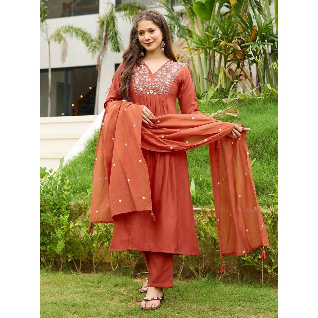 Women's Rayon Embroidered Flared Kurta with Pant And Dupatta Sets